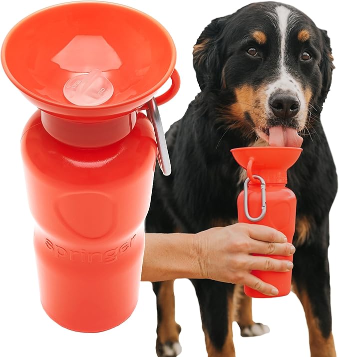 Springer Dog Water Bottle | Portable Travel Drinking Feeder Dispenser for Dogs & Puppies | As Seen on Shark Tank | Leak-Proof Bowl | BPA-Free | Outdoor Walking, Hiking & Travel | 22oz Classic Poppy