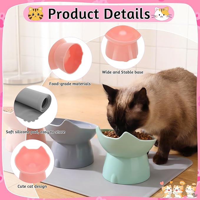 3 Pcs Elevated Cat Bowls 15°Raised Cat Food Bowl with Silicone Mat Whisker Friendly Anti Vomiting Cats Dishes Pet Food and Water Bowls for Indoor Cats Kittens, Pink, Green, Gray