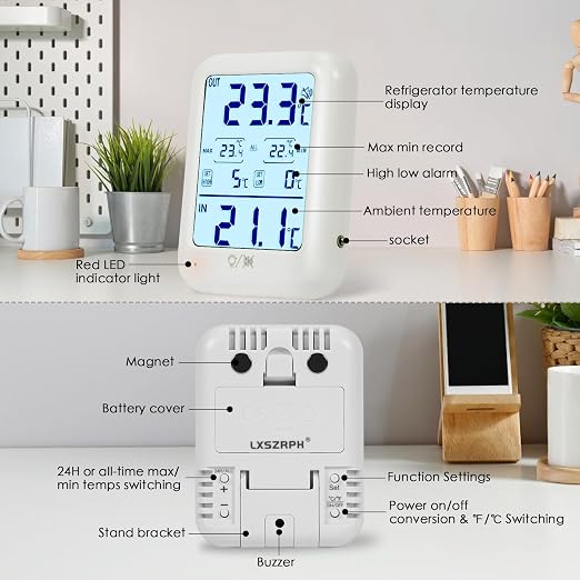 2Packs Digital Freezer Thermometer Fridge Temperature with Alarm, Backlight, Magnet, Power On/Off, Max/Min Temperature for Home, Restaurants, RV, External Sensor, AAA Battery (2)