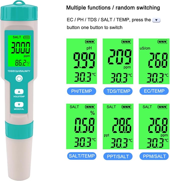 Pool Salt Tester - Multifunctional 5 in 1 Salinity, PH, TDS, EC, and Temperature Meter, Pool Salinity Testing Kit, Digital Salinity Tester for Swimming Pool,Saltwater, Sea Water, Aquarium