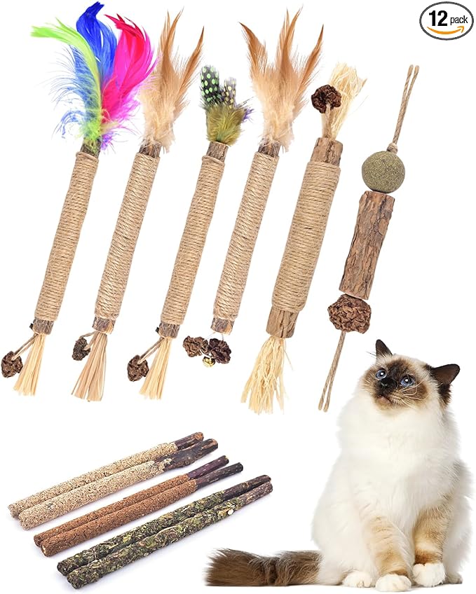 TINDTOP Silvervine Chew Sticks for Cats, 12 Pack Natural Catnip Chew Toys for Kittens Teeth Cleaning, Matatabi Dental Care, Increase Appetite, Calm Cat Anxiety and Stress, Cat Dental Toy