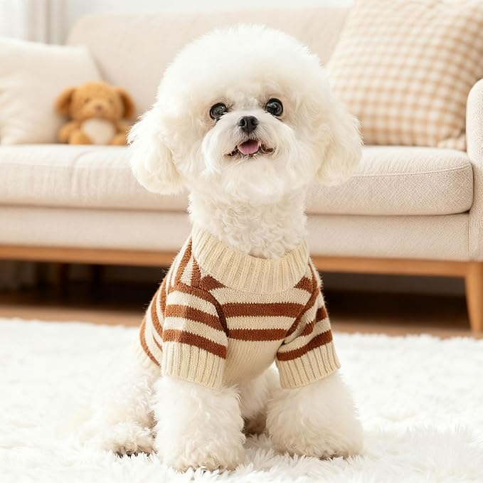 XS Dog Sweater with Cute Bear Pattern, Striped Soft Stretchable Warm Puppy Clothes for Small Dogs Cats, French Bulldog, Chihuahua for Winter(Brown,Medium)