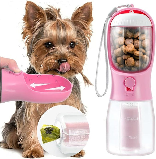 Portable Water Bottle for Small Dogs, 3 in 1 Animal Pet Travel Bowl Dispenser with Food Treat Container & Poop Bag Holder, Summer Hiking Walking Accessories for Puppy On The Go - Pink, 10oz