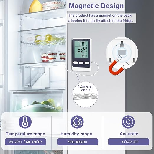 Refrigerator Thermometer with External Sensor, LCD Display Indoor Temperature and Humidity Gauge, Fridge and Freezer Thermometer, Max/Min Temperature in 24H, for Aquarium, Refrigerator, Freezer