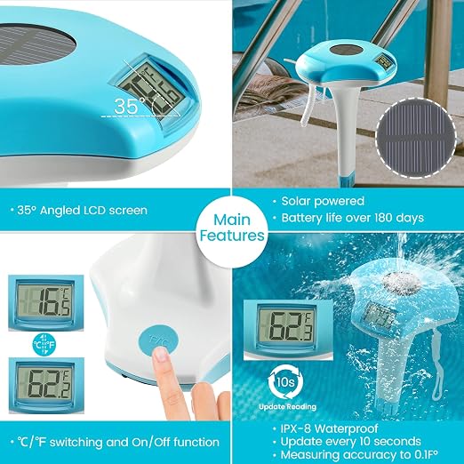 Circrane Solar Digital Pool & Spa Thermometer, Weather Resistant Floating Thermometer, IPX-8 Water Proof, 10s Measuring Cycle, Solar Powered with 270 Days Battery Life, Blue