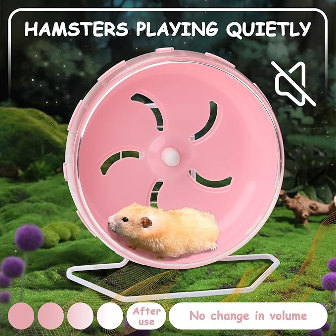 Pink 8.4" Silent Hamster Wheel with Height-Adjustable Stand, Quiet Spinning Hamster Exercise Wheels, Small Animal Chinchilla Running Toys Cage Accessories for Gerbils Mice Rats (Pink)