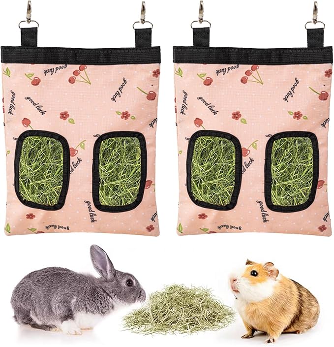 Rabbit Hay Feeder Bag, Large Capacity Rabbit Hay Bag Small Animal Hanging Hay Bag 600D Oxford Cloth Bunny Hay Feeder Bag for Rabbits Guinea Pigs Chinchillas (Pink-2 Holes-2Pcs)