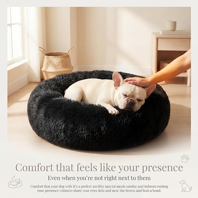 Calming Donut Dogs Beds for Medium Dogs up to 45 lb,30inch Anti-Slip Plush Round Dog Bed with Raised Rim,Fluffy Faux Fur Pet Bed for Cozy Sleep,Black