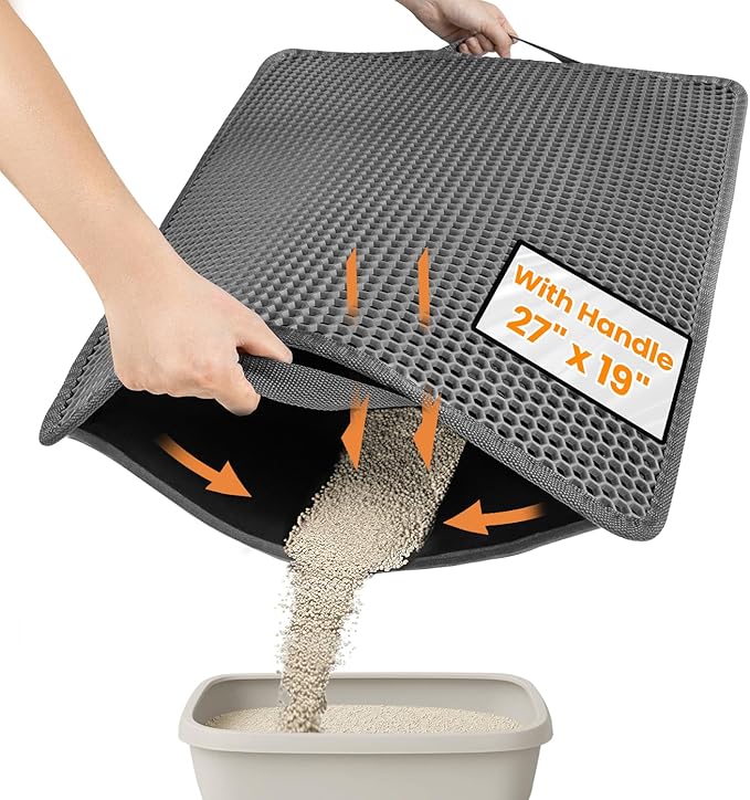 Cat Litter Trapping Mat, 27"x19" Universal Fit Litter Box Floor Mat, Hexagon Grids & Anti-Leak Base, Machine Washable, Non-Slip Kitty Mat for Most Homes, Gray