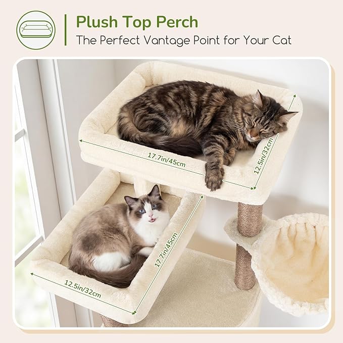 Globlazer Tall Cat Tree Tower for Large Adult Cats, Multi-Level Large 65 Inch Cat Scratching Tower with Hammock, 6 Scratching Posts, Basket and 2 Perches for Indoor Multiple Cats, F65D, Beige