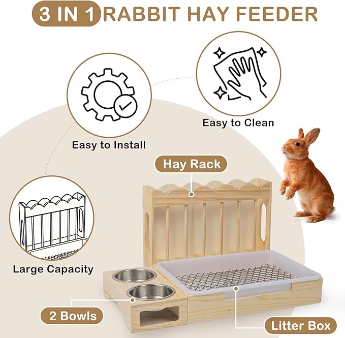 3-in-1 Rabbit Hay Feeder with Litter Box, Sturdy Wooden Hay Feeder Set for Guinea Pigs, Chinchillas, Hamsters, Ferret, Rabbits and Other Small Animal