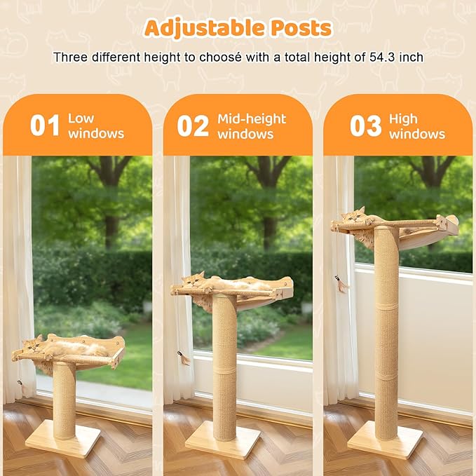 Cat Window Perch Hammock with 3-Piece Detachable Roman Column Sisal Scratching Posts, Drill-Free Suction Cup Mount, Extra Large for Large Cats & Maine Coons, 60 LBS Capacity