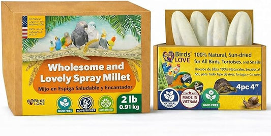 Farm to Feathers™ Wholesome Spray Bird Millet & Cuttlebone Bundle – USA Grown Millet Sprays for Parakeets, Budgies, Cockatiels, Finches & Canaries – 2 lb Wholesome Millet + 4” Cuttlebone (4 Pack)