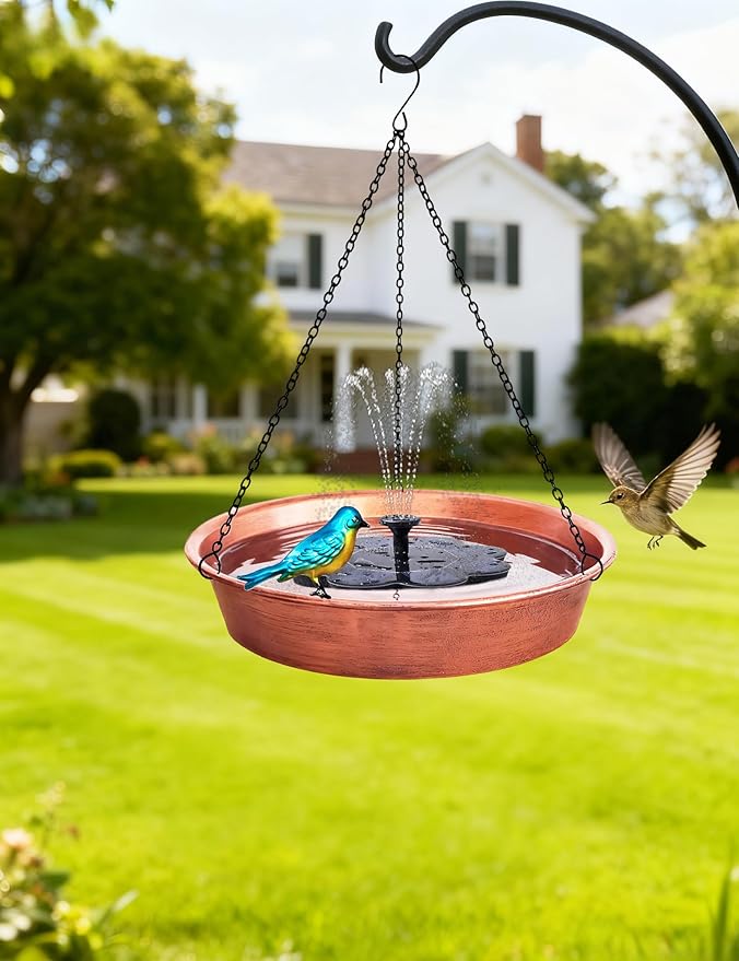 Hanging Bird Bath for Outside, 11.5” Antique Copper Metal Birdbath Bowl & Feeder with Black Chain for Outdoor Garden Yard Decor (0.7 Gallon)