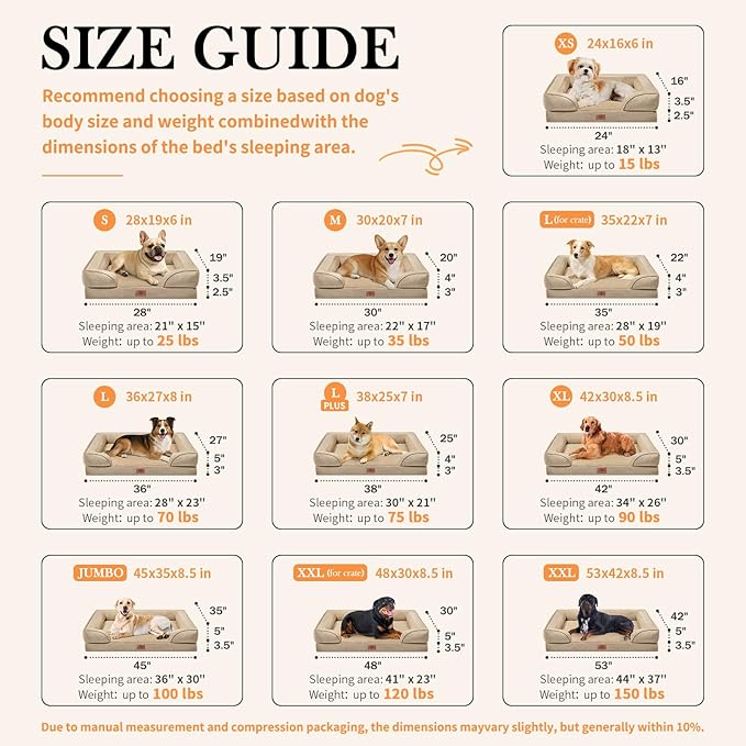 Comfort Expression Waterproof Orthopedic Foam Dog Beds for Extra Large Dogs Sofa Pet Bed Washable Removable Cover with Zipper and Bolster 53" L x 42" W x 8.5" Th, Light Brown