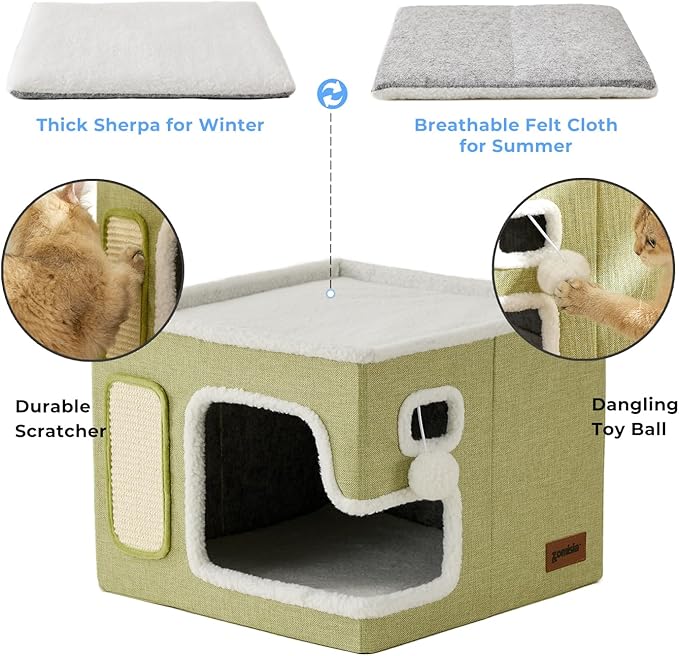 ZOMISIA Cat Beds for Indoor Cats - Large Cat House for Pet with Fluffy Ball Hanging and Scratch Pad, Foldable Cat Hideaway,16.5x16.5x13 inches, Green