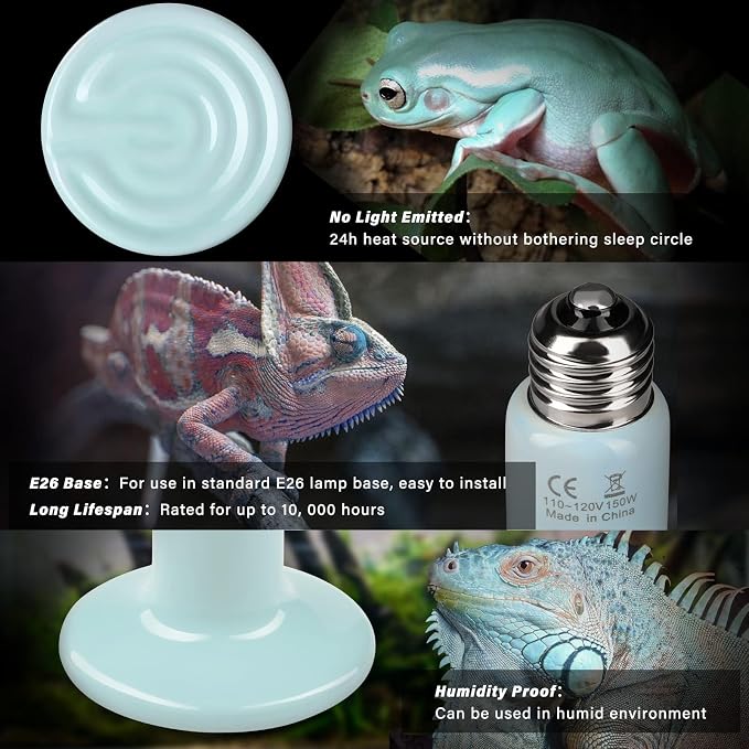 Simple Deluxe 150W 2-Pack Ceramic Heat Emitter Reptile Heat Bulb No Light, LCD Digital Aquarium Thermometer, for Reptile Amphibian, 2 Pack + Thermometer, Blue