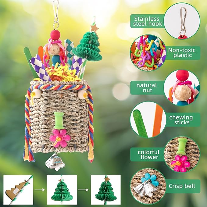 RLRICH 3 Pack Bird Toys Parrot Foraging Toys, Seagrass Basket Bird Chewing Toys with Colorful Tearing Paper Bamboo Fingers Natural Nut Wooden Blocks for Small Medium Parrot Bird