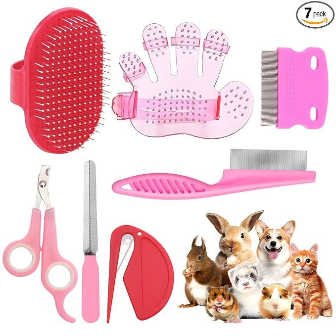 Rabbit Grooming Kit – Bunny Grooming Kit with Shedding Brush, Nail Clippers & Comb – Small Animal Grooming Supplies for Rabbits, Guinea Pigs, Hamsters, Ferrets - Small Pet Shedding & Care (Pink)
