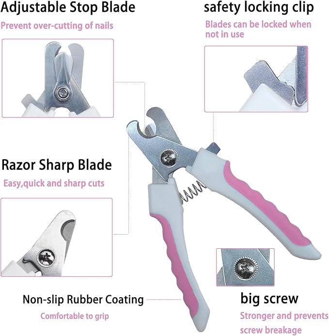 5Pcs Dogs and Cats Grooming Nail Clippers Kit Pet Claws Nail Clipper Trimmers, with Protective Guard Lock to Avoid Over Cutting, Professional Trimmers for Large and Small Cat and Dog (Pink)