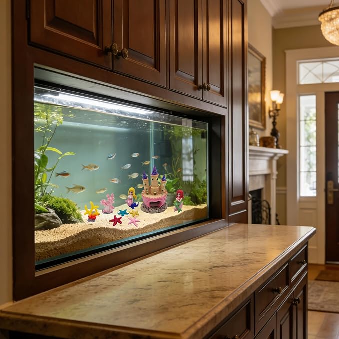 Aquarium Castle Decor with Artificial Starfish & Coral | Resin Pink Fish Tank Accessories for Aquascape Enthusiasts, Sand Table DIY