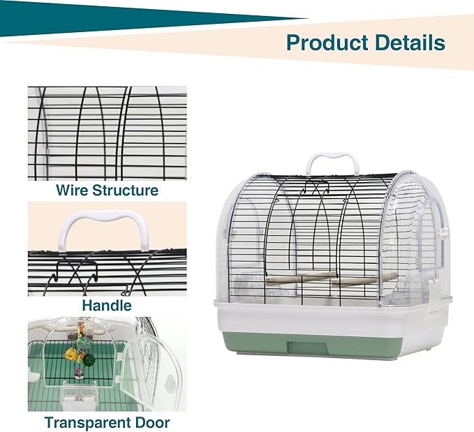 Portable Bird Cage with 2 Perches, Bird Travel Carrier with Food Bowls & Tray, Transparent Plastic Parrot Cages for Cockatiels Lovebirds Canaries Budgies