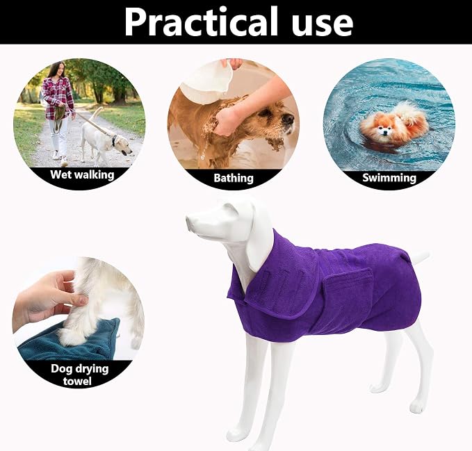 Geyecete Dog Drying Coat - Fast Drying Dog Bathrobe Towel - Microfibre Super Absorbent Pet Cat Bath Robe, Luxuriously Soft Purple XXL