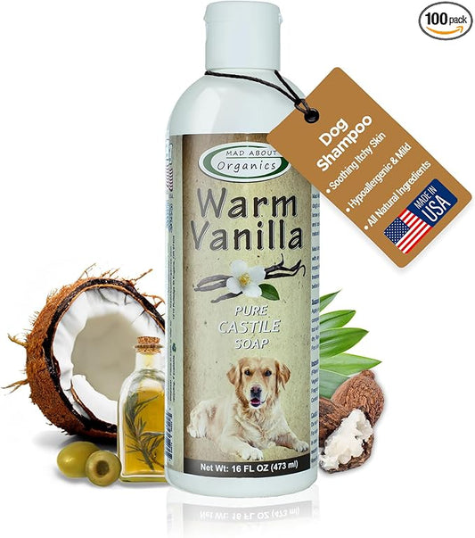 Warm Vanilla Dog Shampoo - Gentle Castile Soap for All Coat Types, Mild and Enriching Hydrating Formula for Dogs 4 Weeks & Above, Carefully Crafted, 16 oz