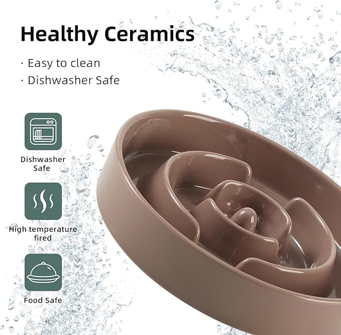Havniva Ceramic 1.2 Cup Raised Slow Feeder Dog Bowl Set, Elevated 6.1inch Bowl and 7.3inch Puzzle Slow Food Dish with Wooden Stand for Medium and Small Dog, Anti-Gulping (2 x Brown Coffee+ Stand)