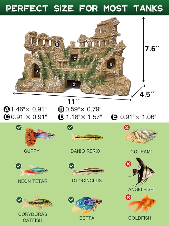 Fish Tank Decor - Antique Roman Column Ruin Ornament for Aquarium, Aquarium Hideout with European Castle Texture for Betta, Guppy, Shrimp - Safe Aquatic Decoration, Fish Hiding House