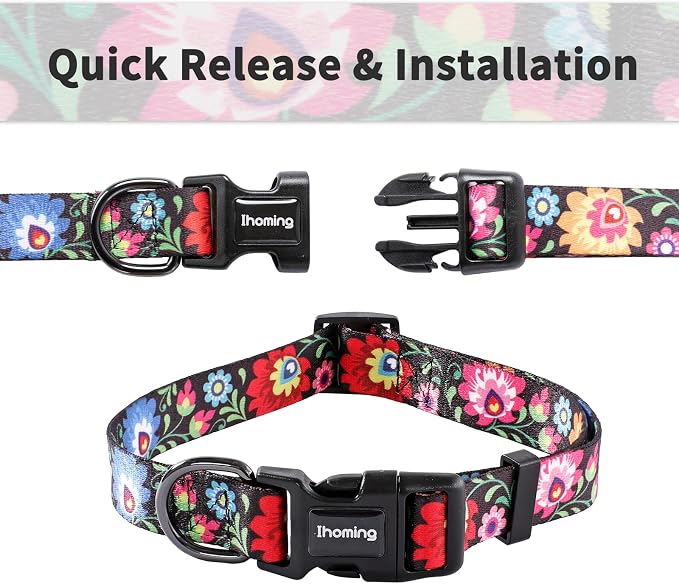 Ihoming Dog Collar and Leash Set for Daily Outdoor Walking Running Training, Black Colorful Flowers Design for Medium Boys Girls Dogs Cats Pets, M-Up to 45LBS