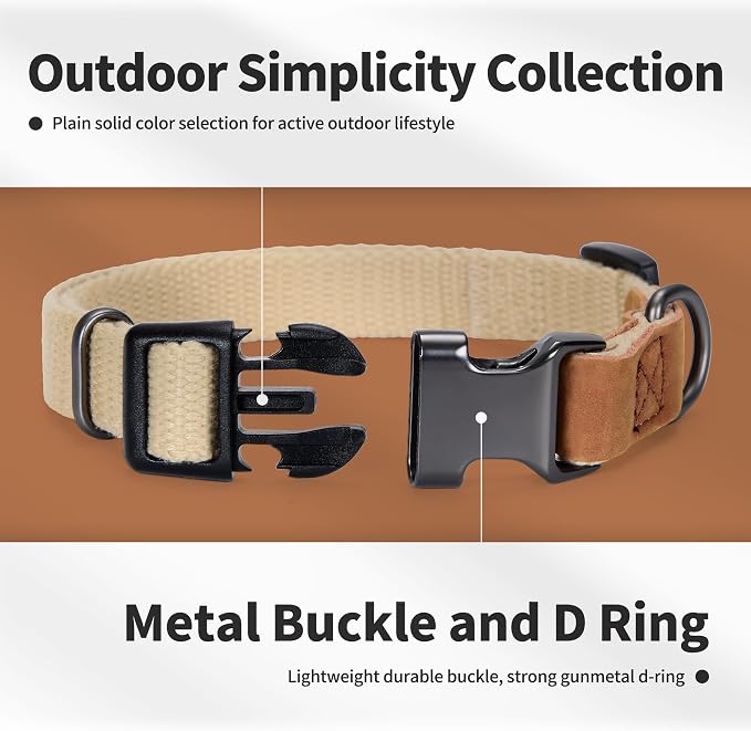 Mile High Life Genuine Leather Dog Collar, Soft Cotton Pet Collars with Heavy Metal Buckle for Small Large Dogs (Khaki, S Neck 11"-15")