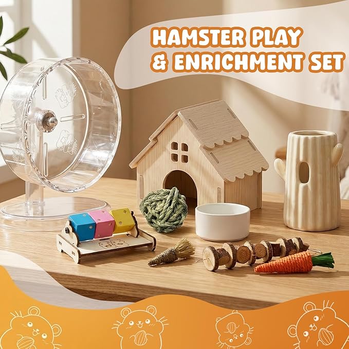 12-in-1 Hamster Cage Accessories Kit for Dwarf & Syrian Hamsters, Silent Exercise Wheel 9.5", Wooden Hideout, Water Bottle, Ceramic Food Bowl, Chew Toys & Small Animal Habitat Starter Set