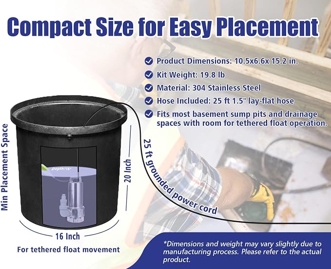 Green Expert 1.5HP Submersible Sump Pump Kit with 25 ft Lay-Flat Discharge Hose, 6000 GPH 304 Stainless Steel Water Removal Pump with Tethered Float Switch for Basement, Sump Pit & Pool Drainage