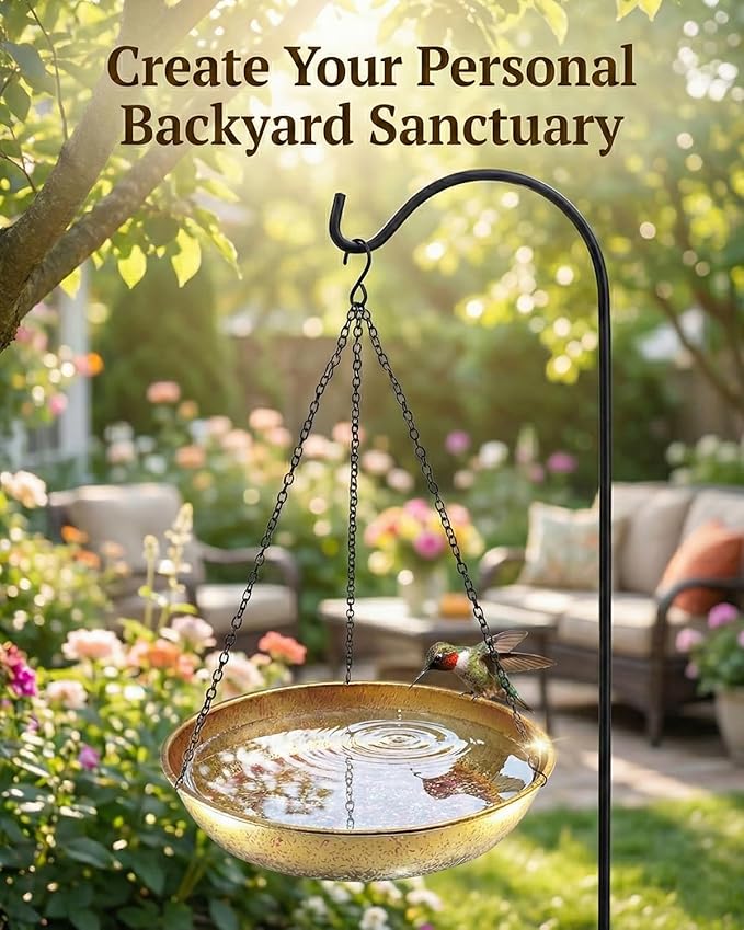 Hanging Bird Bath for Outside Metal Birdbath 11 Inch for Birds to Seed Bathe Drink Decor Bird Bath Gold to Iridescent Pink Gradient Decor for Garden Back Yard Patio Attracts Hummingbirds & Finches