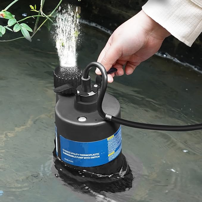 Water Pump Submersible Pump DC 12V Sump Pump 1500 GPH Utility Pump Black | 20Ft Battery Cord with On/Off Switch, 3/4" Hose Adapter, Ideal for Water Tank, Sump Pit, Pond, Yard Draning