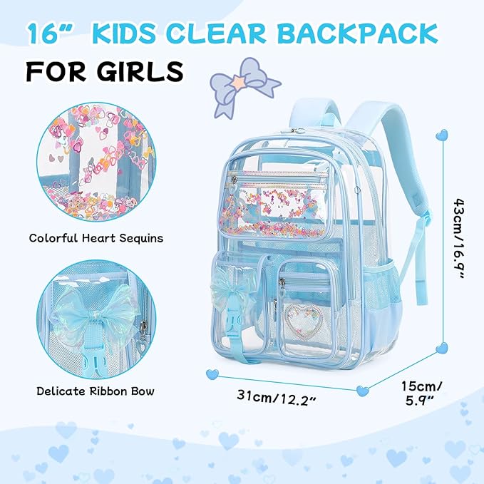 MOONBABY Clear Backpack for Girls, Clear Bookbag Heavy Duty Transparent Backpack for Stadium Events, See Through Back Pack for Kindergarten Elementary Middle High School, Blue