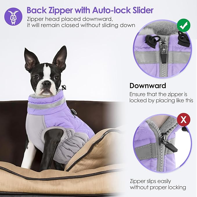AOFITEE Dog Coat, Warm Dog Winter Coat for Small Dogs, Reflective Turtleneck Dogs Jacket with Harness Built in, Waterproof Windproof Pet Fleece Vest Snow Jacket for Cold Weather, Lilac S