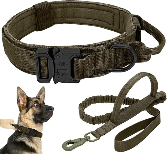 Tactical Dog Collar Leash Set, Adjustable Military Training Nylon Collar Dog Training with Control Handleand Metal Buckle, Dog Collar for Medium Large Dogs (Green,XL)