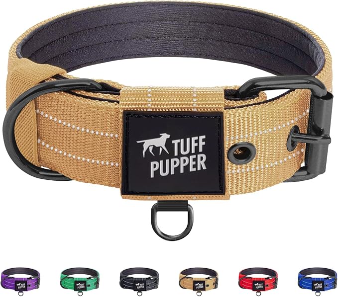 Tuff Pupper Heavy Duty Tactical Dog Collar | 1.25" Wide Ballistic Nylon | Reflective Stitching | Integrated ID Tag Holder | Stainless Steel Buckle | Padded Lining | Small & Medium Dogs (Tan, Small)