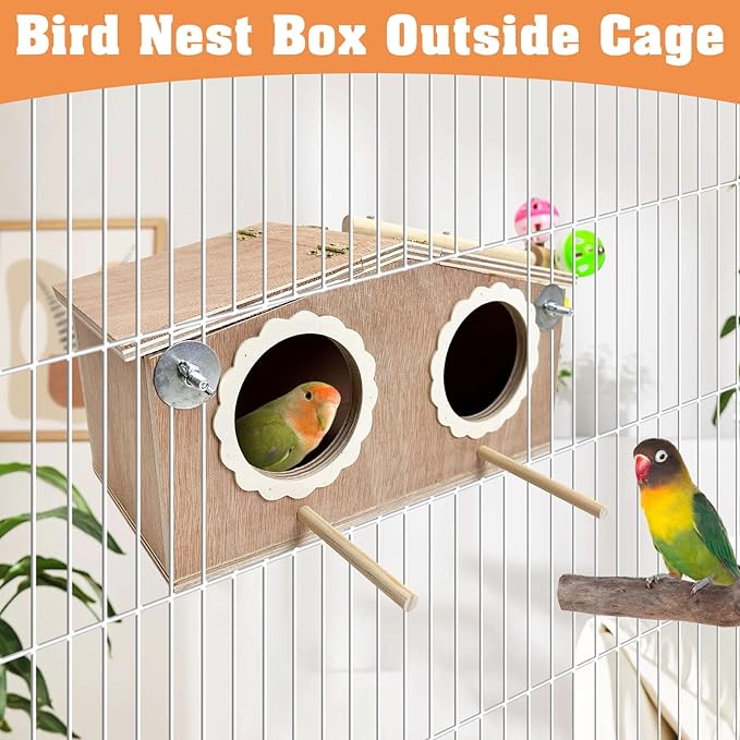 PINVNBY Parakeet Nesting Box Bird House for Cage Wood Bird Breeding Box with Bell Toys for Lovebirds Cockatoo Budgie Finch Canary Small and Medium-Sized Birds (Large: 11.02 * 6.06 * 6.06 inch)