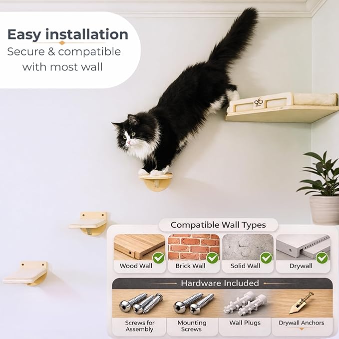 Cat Wall Shelves for Cats & Kitten up to 25 lb – Solid Wood Cozy Corner Bed + Cushion with 2 Washable Covers +3 Wooden Steps, Safe Haven for Indoor Cats, Cat Shelves for Wall, Wood Color