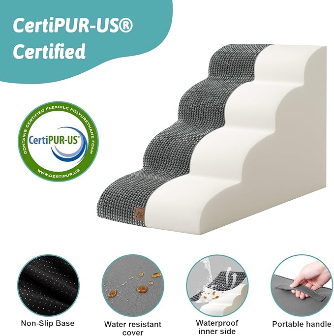 COZY KISS Dog Stairs for Small Dogs 19.7" H, Curved Dog Step for Puppy, Older or Cat, Medium Pet Ramp for Sofa, Couch or Bed, Ladder with High Density Foam, 4 Step, 15.7x28.3x19.7 inch, Charcoal Grey