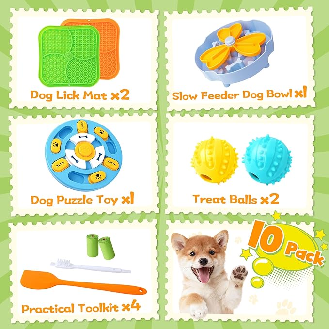 Forfon Curated Dog Puzzle Toys for Boredom and Mental Stimulation, 10-Pack Enrichment Toy Set with Slow Feeder Bowl, Lick Mat & Treat Ball to Keep Dogs Busy and Engaged