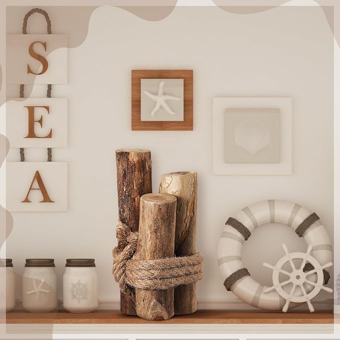 3 Pcs Driftwood Piling Rope Wrapped Coastal Nautical,Brown | Artificial Wood Pilings as Beach Centerpieces, Farmhouse Rustic Table Decor, Coastal Accents for Dining and Aquariums