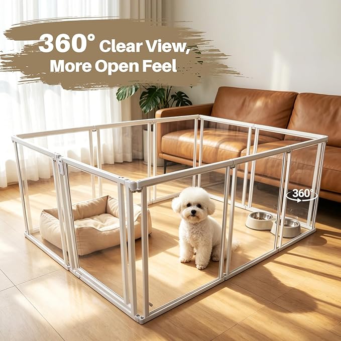 NiceTCU 24" H Acrylic Dog Playpen Indoor, Metal Frame Clear Dog Playpen with Door - 10 Panels, Easy Assemble Pet Fence, DIY Foldable Pet Pen for Ducks Puppy Rabbit Small & Medium Pets- 10Pcs White