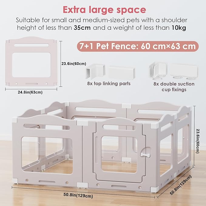 Acrylic Dog Playpen Indoor, Puppy Cat Small Pet Play Pen, 50.8" L x 50.8" W x 23.6" H Clear PlayPen for Cat Rabbit Ferret, Dog Fence Crate Whelping Cage (Apricot Gray, 8 Panel)