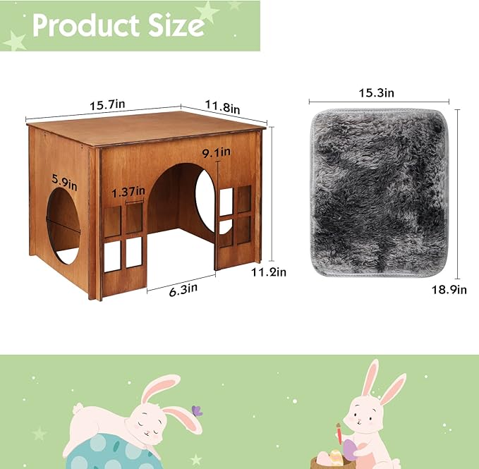 Large Rabbit Hideouts, Wooden Bunny House Rabbit Houses and Hideouts Habitat Castle for Indoor Bunnies, Guinea Pigs, Hamsters, Chinchillas