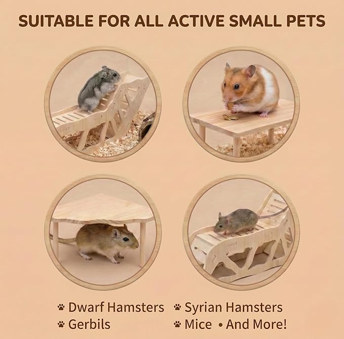 3-Piece Wooden Hamster Platform Set & Tunnel Hideout, Enrichment Natural Wood Hamster Cage Accessories, Climbing Toys & Hides for Syrian, Dwarf, Gerbil, Mice, Habitat Essentials & Decor