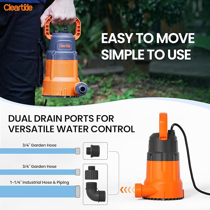 Cleartide Submersible Utility Water Pump, 8160 LPH High Flow, 100% Copper Motor, Thermoplastic Portable Plug & Work, Ideal for Pool, Flooded Basement, Hot Tub, Pond & Garden Draining,10 FT Cord